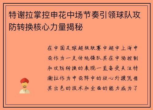 特谢拉掌控申花中场节奏引领球队攻防转换核心力量揭秘